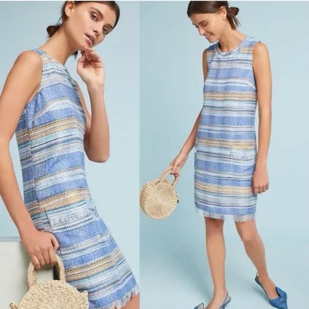 Anthropologie Akemi Kin Women’s Blue Tweed Fringe Sleeveless Mini‎ Dress